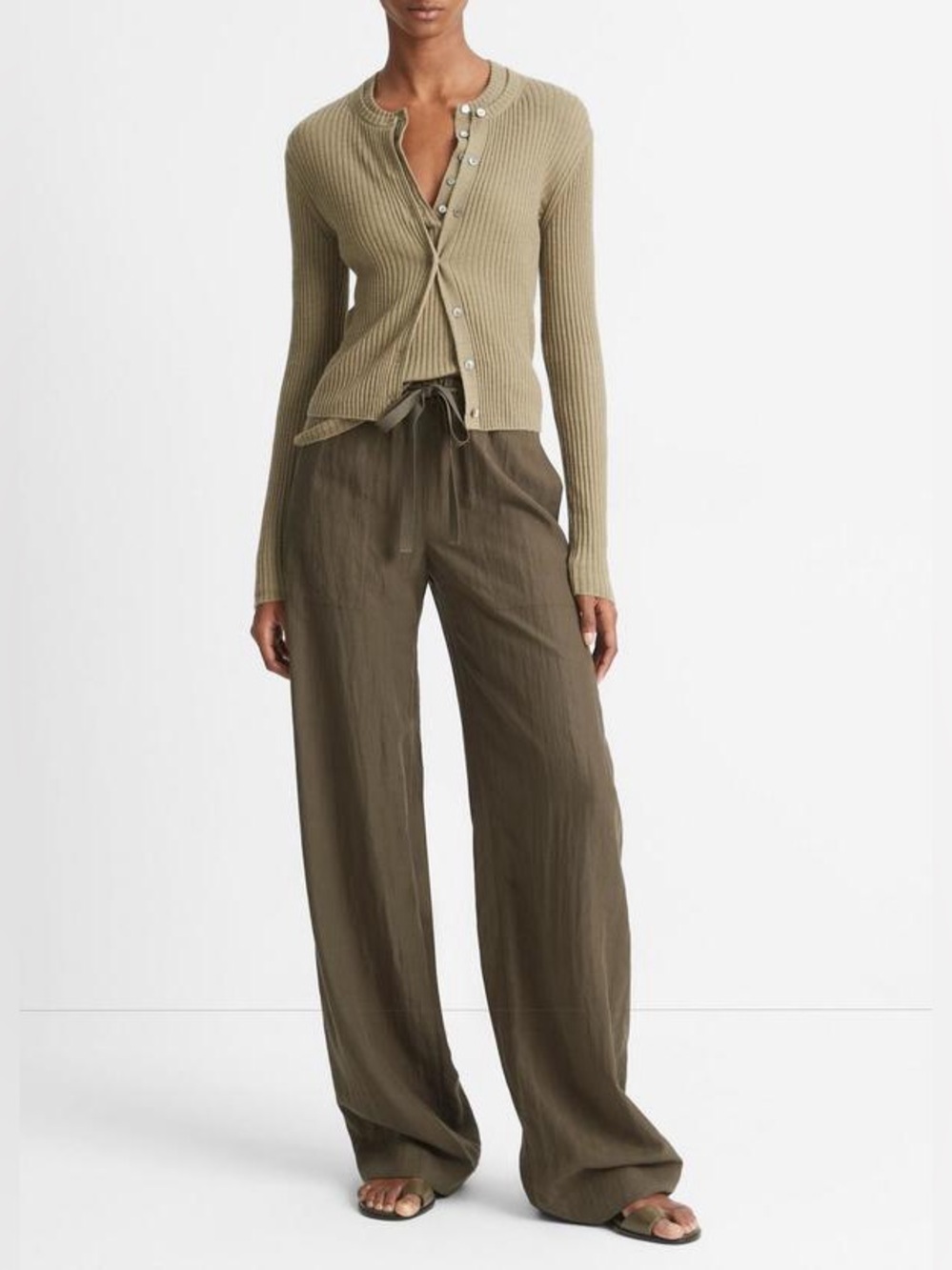Vince Cashmere Silk ribbed cardigan green L cottagecore minimalism neutral